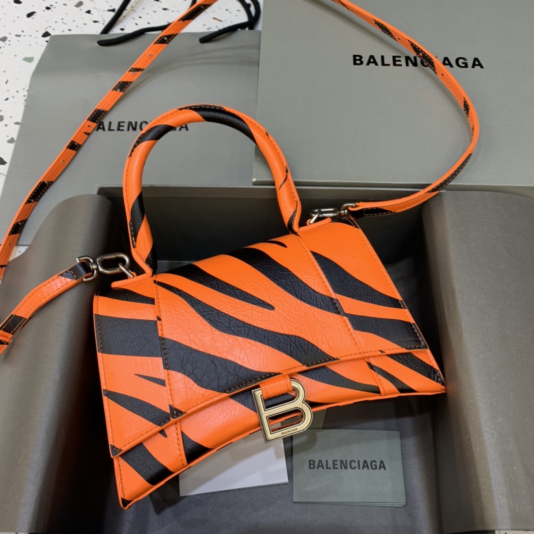 Balenciaga Hourglass Small Handbag Box Calfskin Shoulder Bag Orange/Black